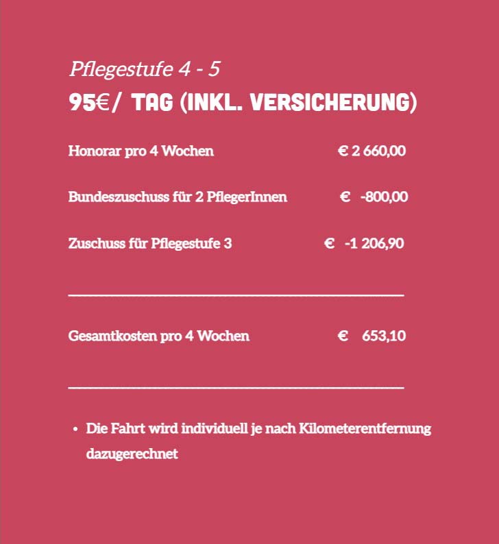Kostenrechner, Pflegekosten der Pflegestufe 4 und 5